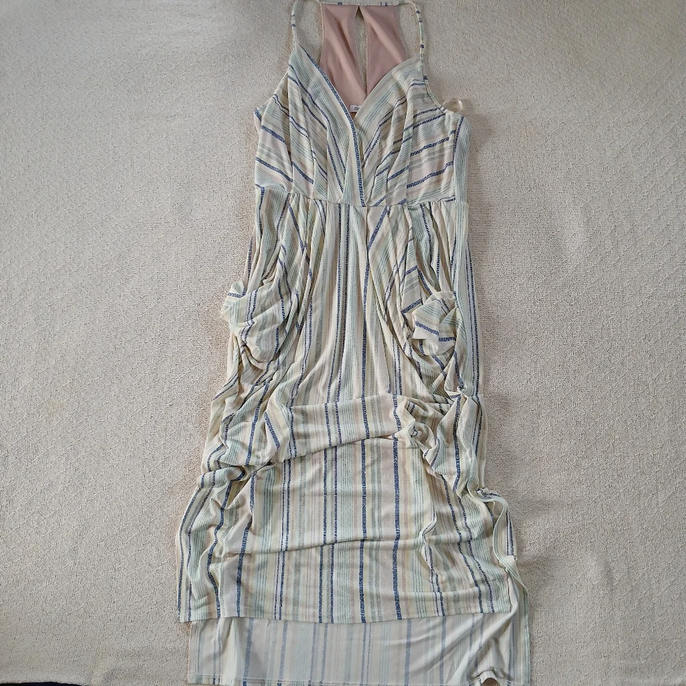 bcbgeneration ♡ striped nveck midi draped pocket dress boho effortless indie